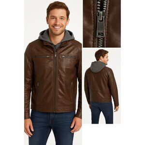 Guess Moto Hoodie Jacket Mens Large Faux Leather Brown Hooded Removable Insert